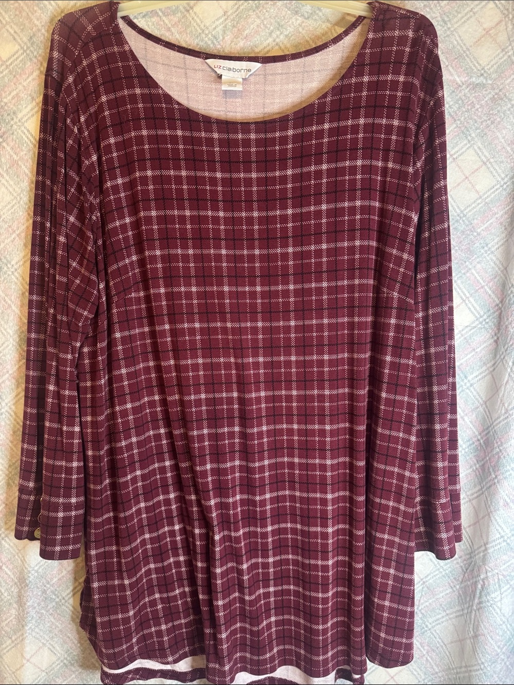 Liz Claiborne Burgundy Plaid Long Sleeve Tunic